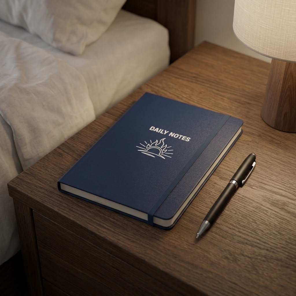 A navy blue hardcover daily notes journal with a white sun graphic and the words 'DAILY NOTES' on the cover, placed on a wooden bedside table next to a black pen.