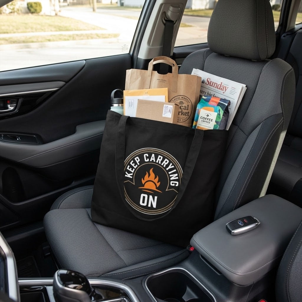 A black canvas car seat organizer bag with a circular 'KEEP CARRYING ON' flame logo, shown sitting on a gray car seat inside a vehicle, holding various paper bags, mailers, and a magazine.