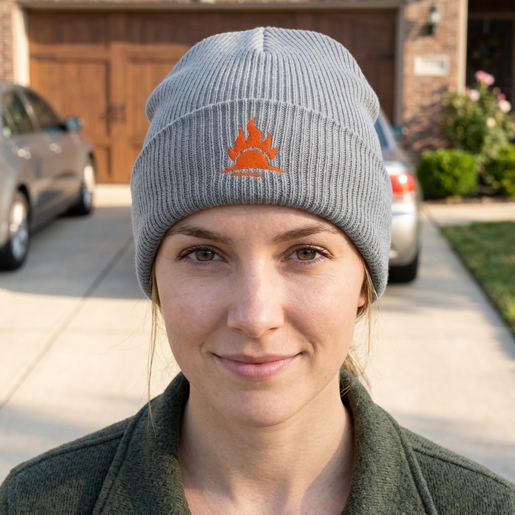 A woman wearing a gray ribbed knit beanie with an orange embroidered flame logo on the front, photographed outdoors in front of a house and parked cars.