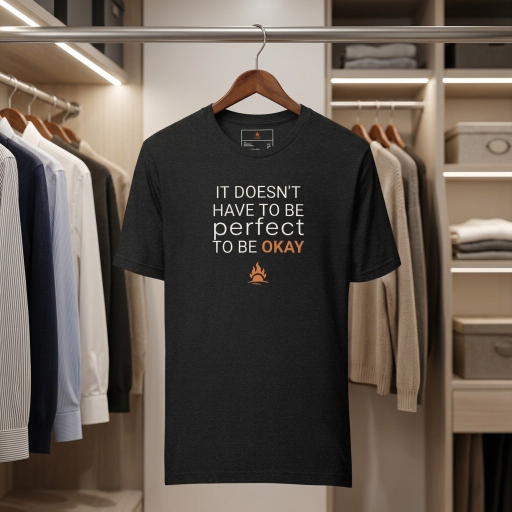 A black graphic t-shirt hanging on a wooden hanger in a closet setting. The shirt features the text 'IT DOESN'T HAVE TO BE perfect TO BE OKAY' in white and orange lettering, with a small orange campfire graphic below.