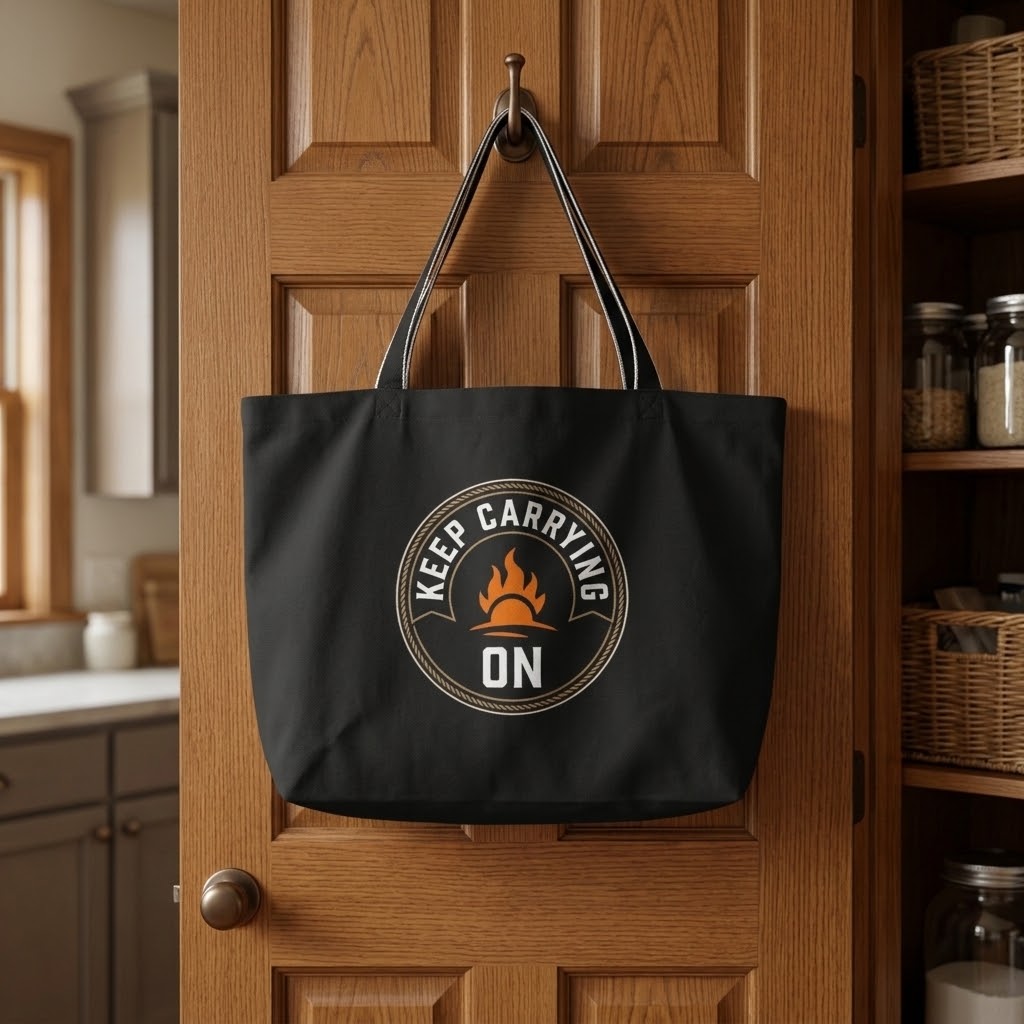 A black canvas tote bag with black shoulder straps hangs from a metal hook on a wooden pantry door. The bag features a circular graphic with the words 'KEEP CARRYING ON' surrounding an orange campfire icon.