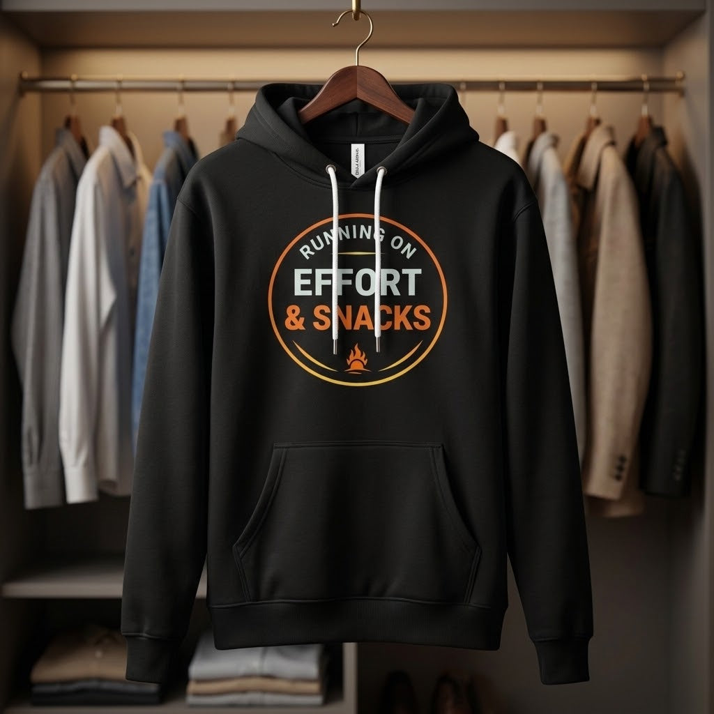 A black pullover hoodie hanging on a wooden hanger in front of an open closet with other clothes. The hoodie has a front kangaroo pocket, white drawstrings, and a circular chest graphic that reads 'RUNNING ON EFFORT & SNACKS' with an orange campfire icon.