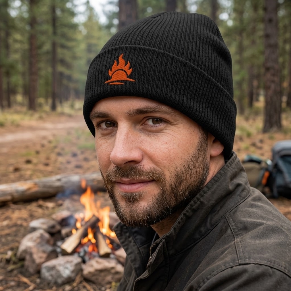 A man wearing a black ribbed knit beanie with an orange flare logo, standing outdoors near a campfire in a forest.