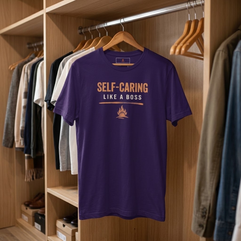 A purple short-sleeve t-shirt hanging on a wooden hanger inside a wooden closet, featuring the text 'SELF-CARING LIKE A BOSS' in orange and white with a small campfire graphic below.