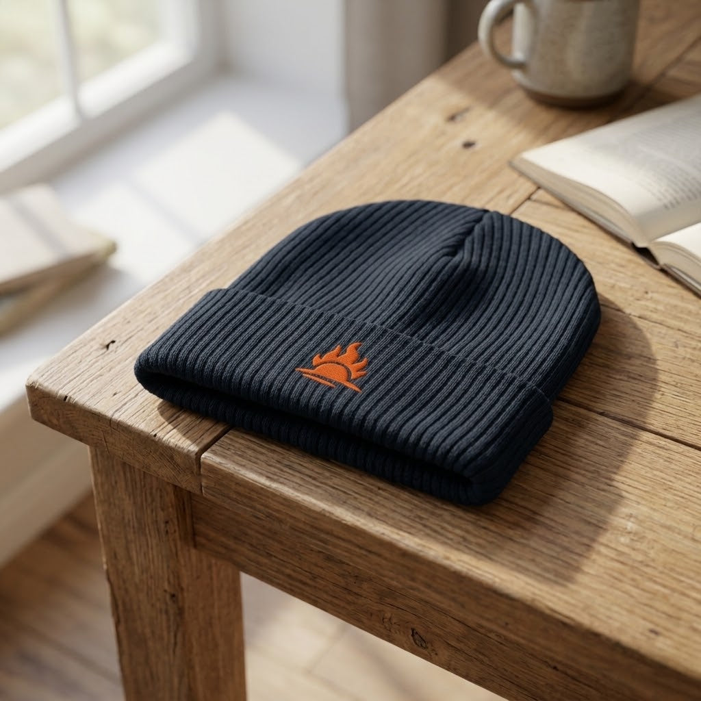 A dark navy ribbed knit beanie with a small orange embroidered flare logo, resting on a rustic wooden table next to an open book and a mug.
