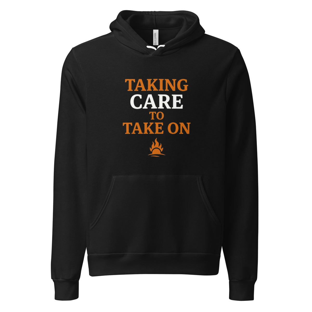 Black pullover hoodie with Taking Care to Take On in orange and white font with signature flare design