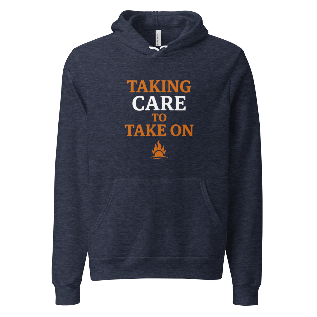 Heather navy pullover hoodie with Taking Care to Take On in orange and white font with signature flare design