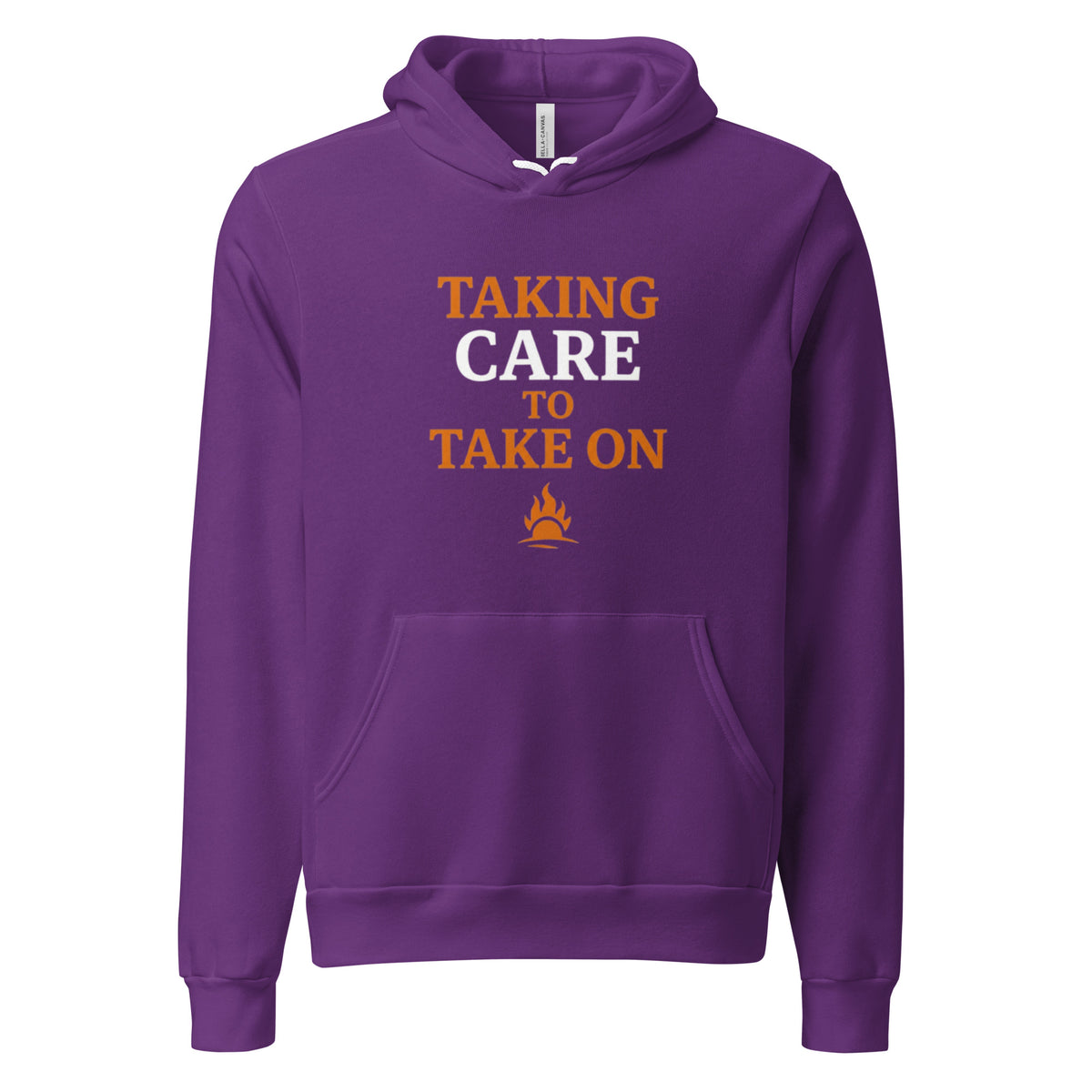 Team purple pullover hoodie with Taking Care to Take On in orange and white font with signature flare design