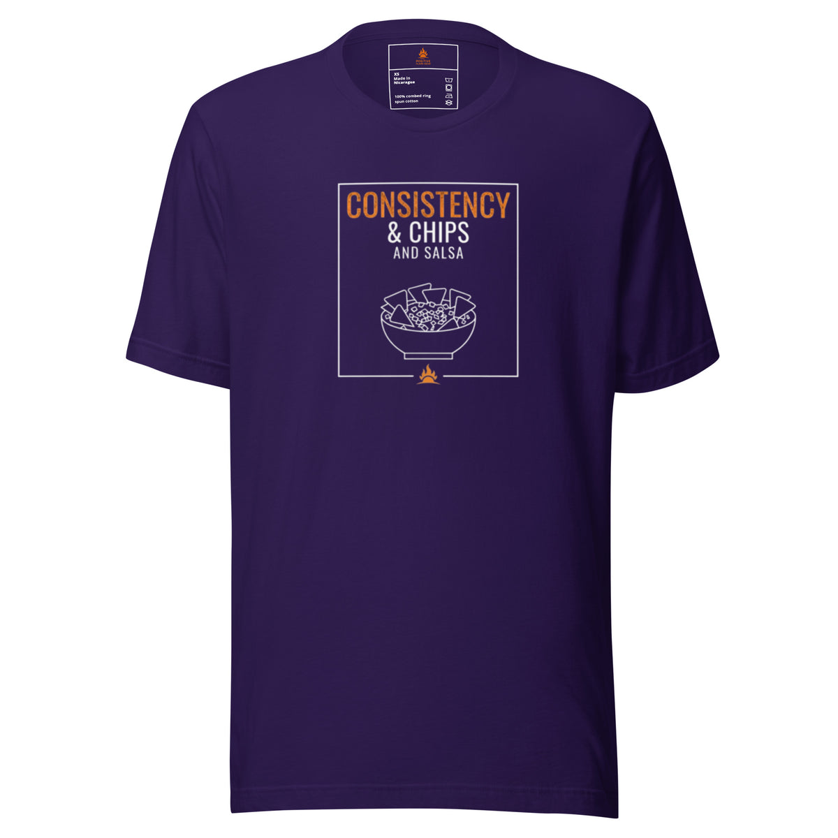 Consistency and Chips and Salsa tee with a bowl of chips and salsa in team purple