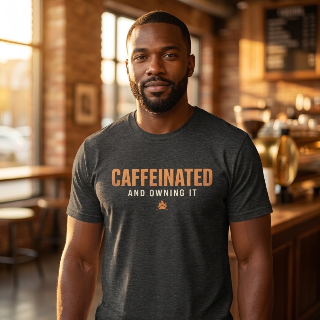A man wearing a dark heather gray t-shirt with the text 'CAFFEINATED AND OWING IT' in orange and white, standing in a warm, blurred coffee shop interior.