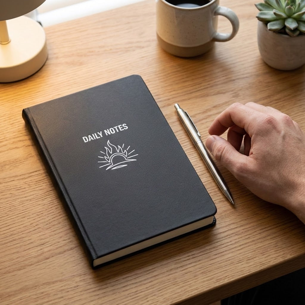 Black daily notes journal with signature flare in white on a desk next to hand and pen