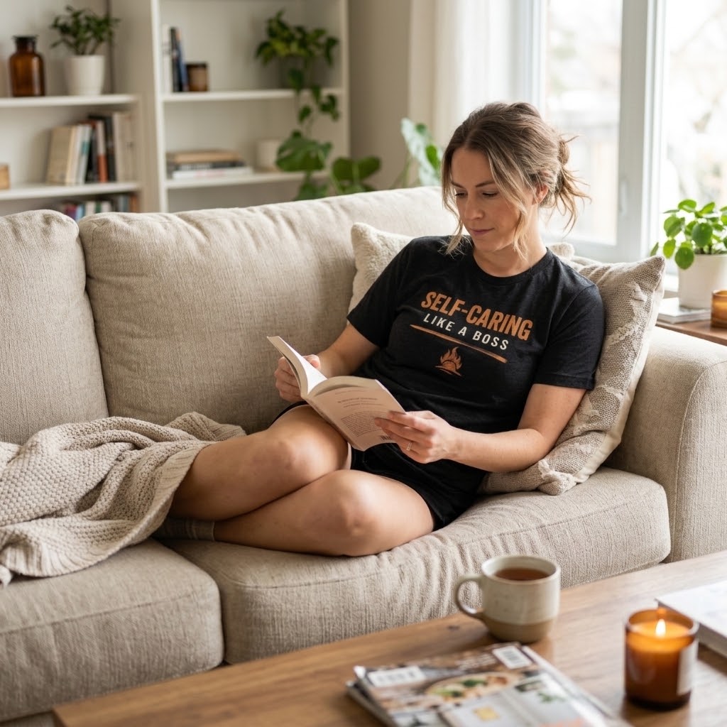 Woman wearing self-caring like a boss with orange flare symbol sitting on couch reading a book
