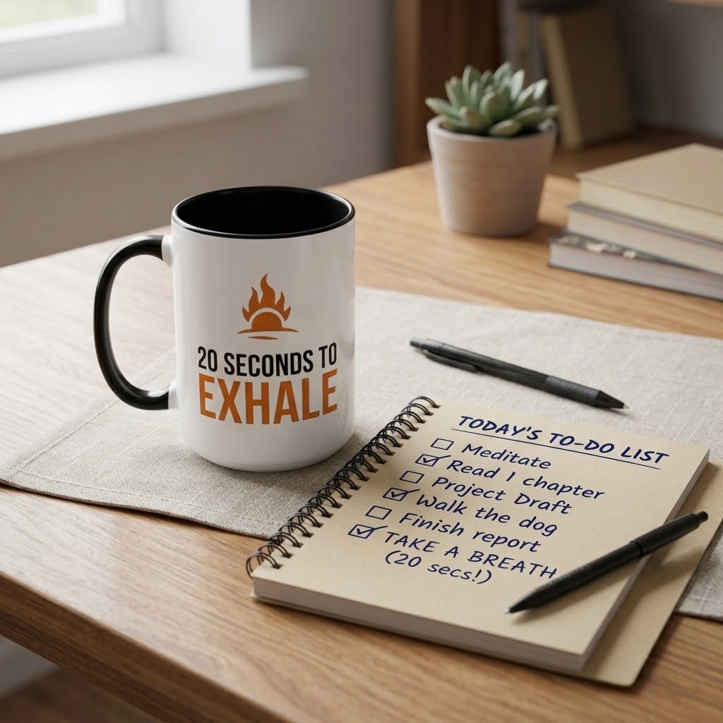 A white ceramic mug with a black handle and interior sits on a wooden desk beside a spiral notepad and pens. The mug has an orange flame graphic and the text '20 SECONDS TO EXHALE.
