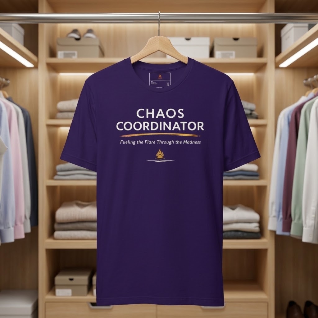 A purple short-sleeve t-shirt hanging on a wooden hanger in front of a wooden closet shelf filled with folded clothes and shoes. The shirt features the text 'CHAOS COORDINATOR' and 'Fueling the Flare Through the Madness' in white, with a small flame graphic below.