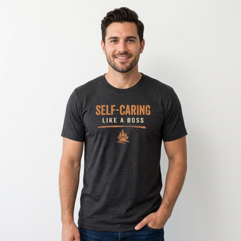 A man wearing a dark heather gray t-shirt with the text 'SELF-CARING LIKE A BOSS' and a small campfire graphic printed on the chest, set against a plain light gray background.