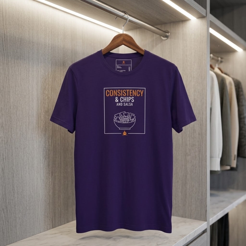 A purple short-sleeve t-shirt hanging on a wooden hanger against a modern wood-paneled wall. The shirt features a graphic print on the front with the text 'CONSISTENCY & CHIPS AND SALSA' in orange and white, surrounding a simple bowl illustration.