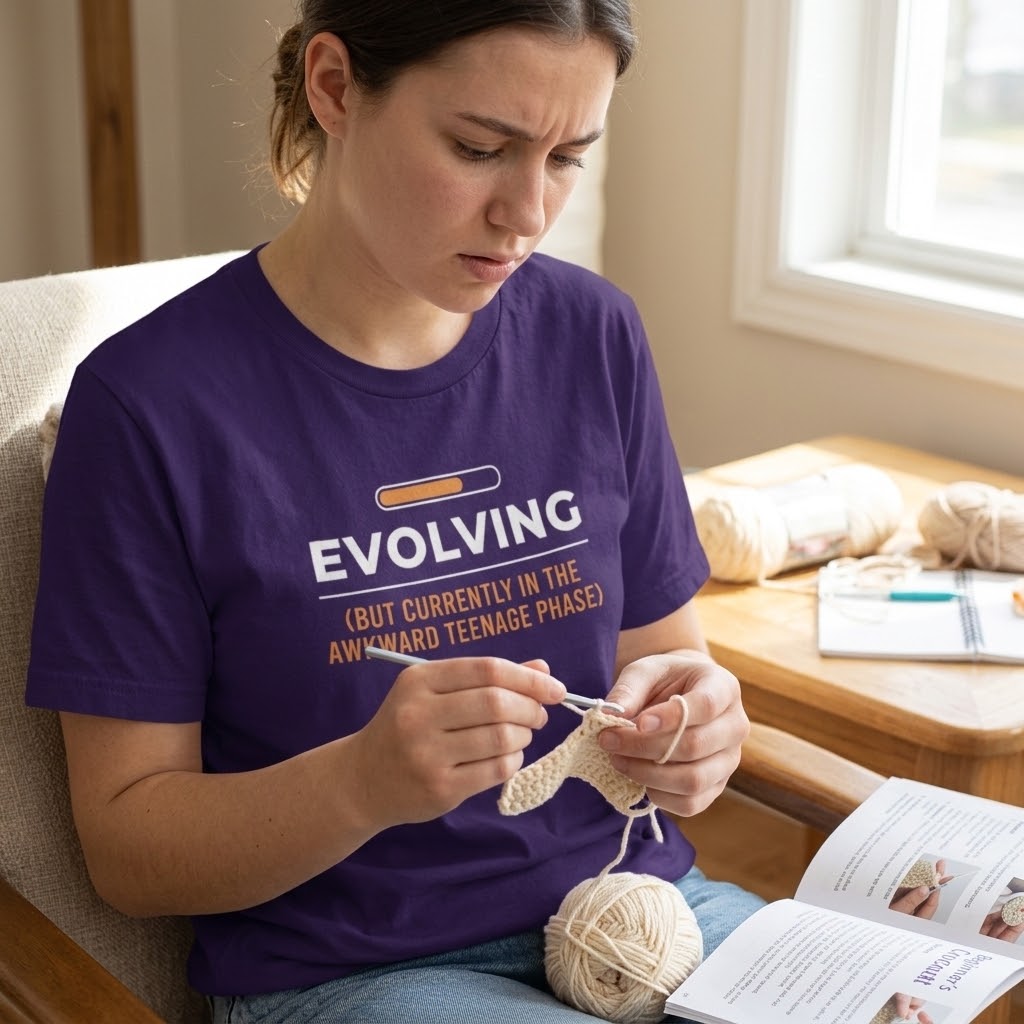 A woman sits in a chair knitting with cream-colored yarn, wearing a purple graphic t-shirt that reads 'EVOLVING (BUT CURRENTLY IN THE AWKWARD TEENAGE PHASE!)'.