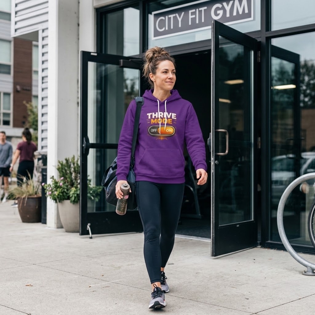 A woman walking out of a gym wearing a purple hoodie with a 'THRAVE MINDSET' graphic, black leggings, and carrying a water bottle.