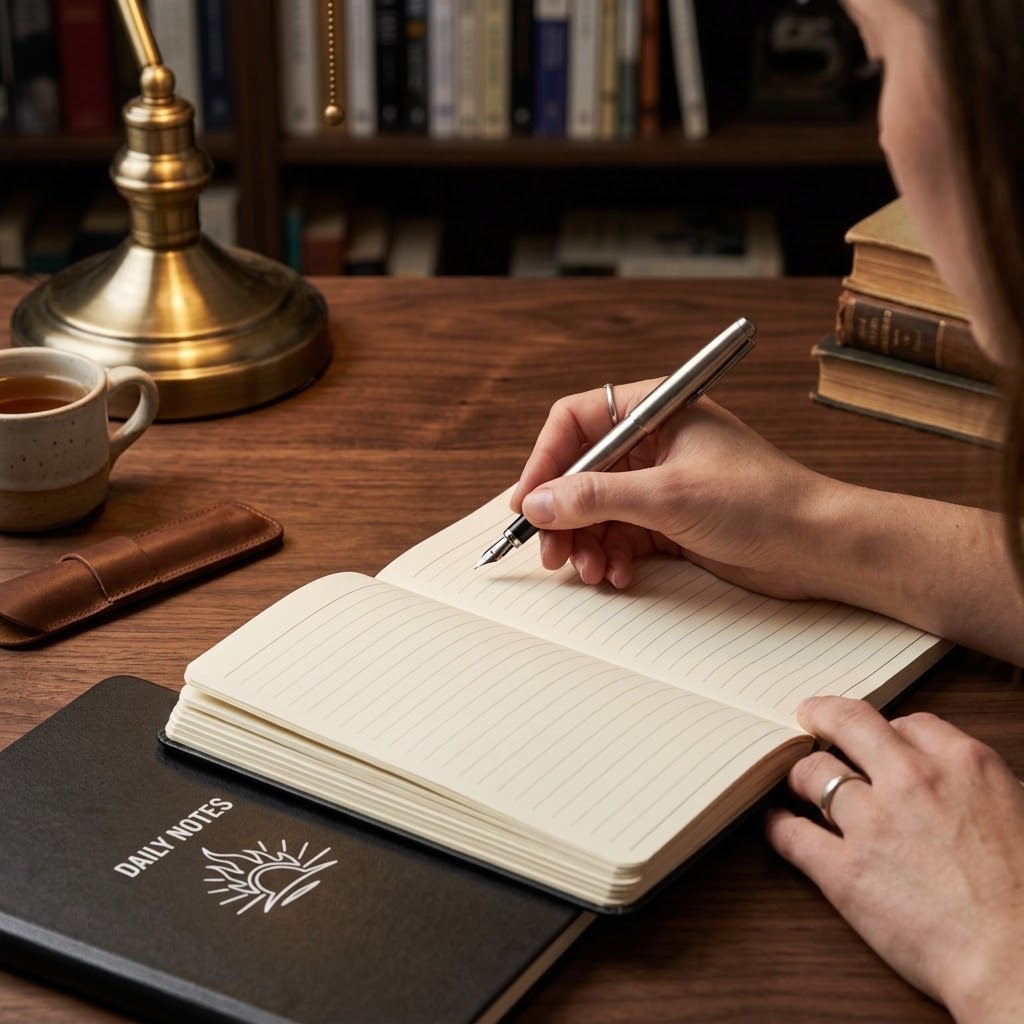 A person writing in an open lined notebook with a silver pen on a wooden desk, with a black Daily Notes notebook, a brass desk lamp, a cup of coffee, and books in the background.