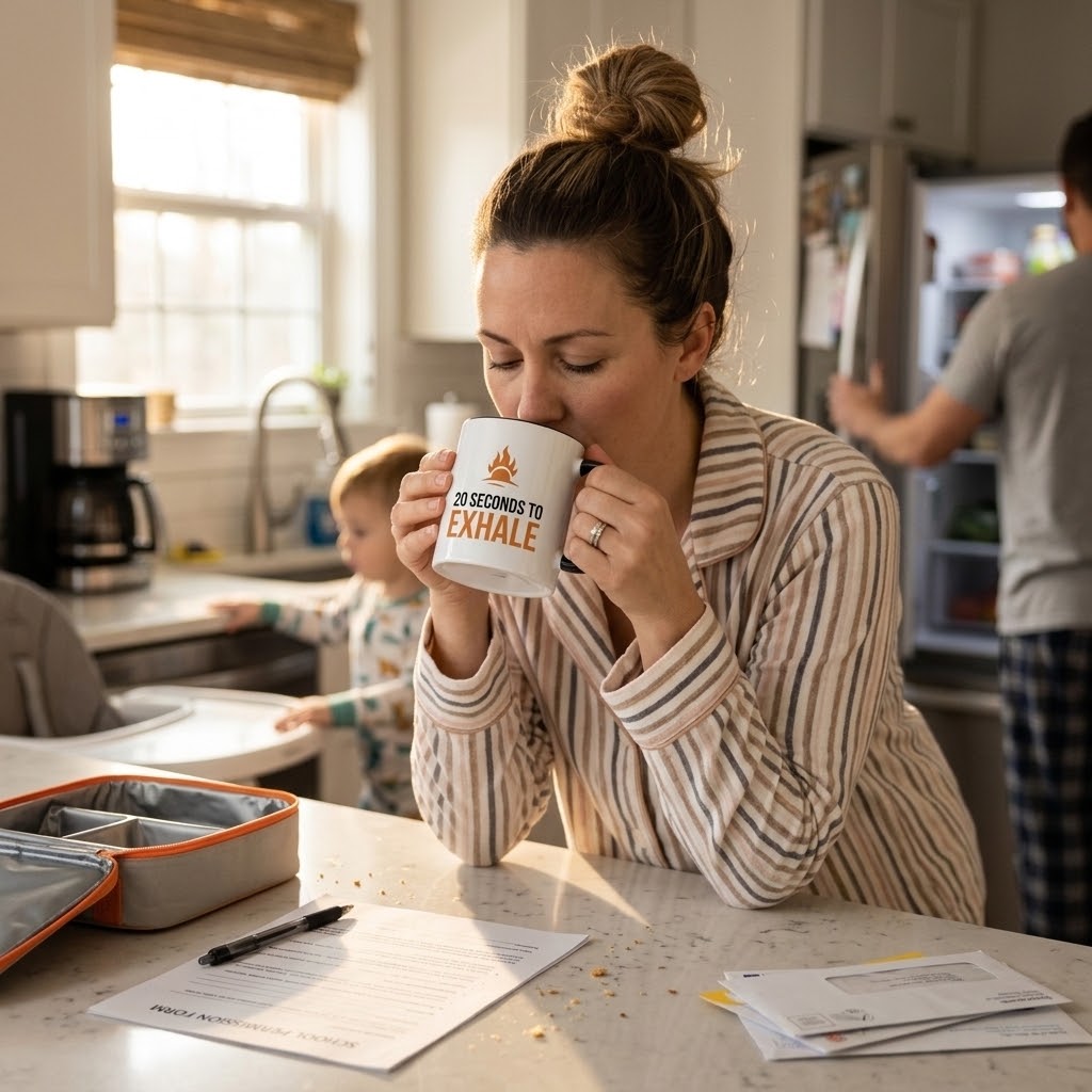 A woman in a striped pajama shirt sits at a kitchen counter, drinking from a white mug printed with the text '20 SECONDS TO EXHALE' and a small flare logo. Papers and a lunchbox are on the counter in a real kitchen setting with other people blurred in the background.
