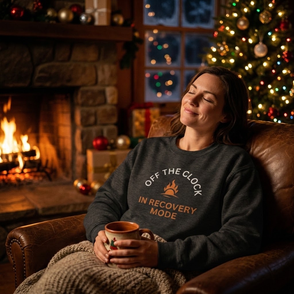 A woman relaxes in a leather armchair by a fireplace, wrapped in a blanket and holding a mug. She wears a dark charcoal gray sweatshirt with the text 'OFF THE CLOCK IN RECOVERY MODE' and a small campfire graphic in orange and white.