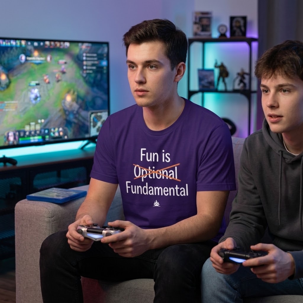 A man wearing a purple graphic t-shirt sits on a couch in a gaming room, holding a game controller. The shirt features the text 'Fun is Optional Fundamental' with a red strike-through on 'Optional'.