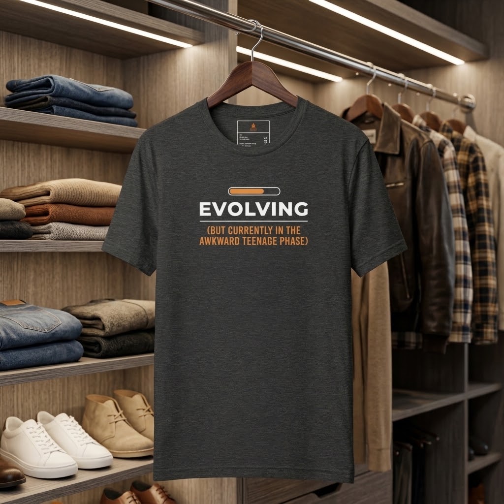 A dark heather gray graphic t-shirt hanging on a wooden hanger in a closet setting. The shirt features a white and orange graphic that reads 'EVOLVING (BUT CURRENTLY IN THE AWKWARD TEENAGE PHASE)' with a progress bar design.