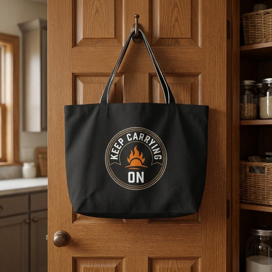 A black canvas tote bag with black shoulder straps hangs from a metal hook on a wooden pantry door. The bag features a circular graphic with the words 'KEEP CARRYING ON' surrounding an orange campfire icon.