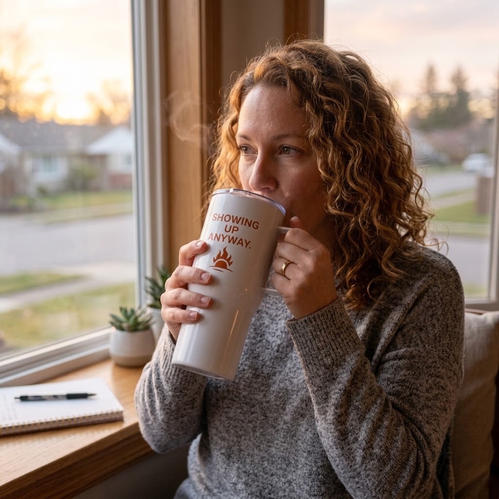 A woman with curly brown hair sits by a window, drinking from a tall white tumbler that reads 'SHOWING UP ANYWAY.' with a small orange paw print logo.