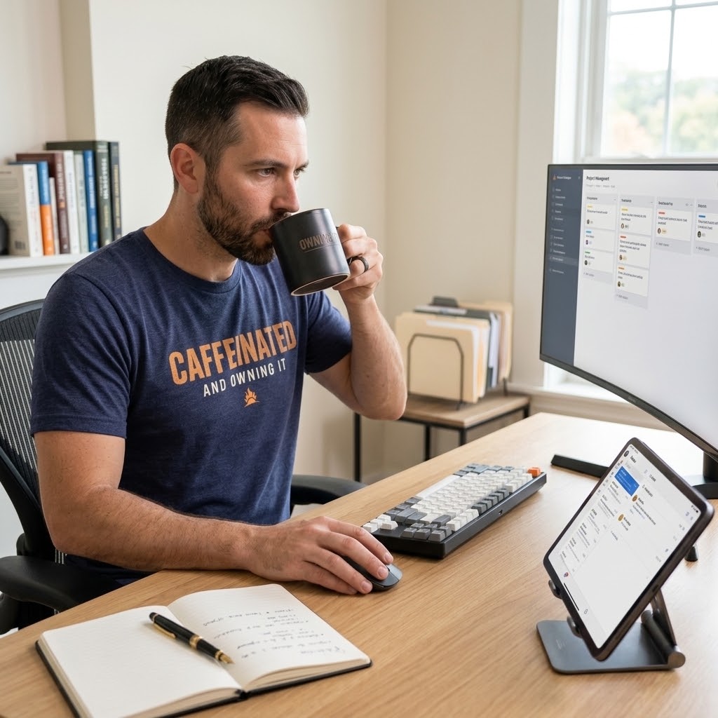 A man sitting at a wooden desk in a home office environment, wearing a navy blue graphic t-shirt that reads 'CAFFEINATED AND OWNING IT' in orange and white. He is holding a black coffee mug.