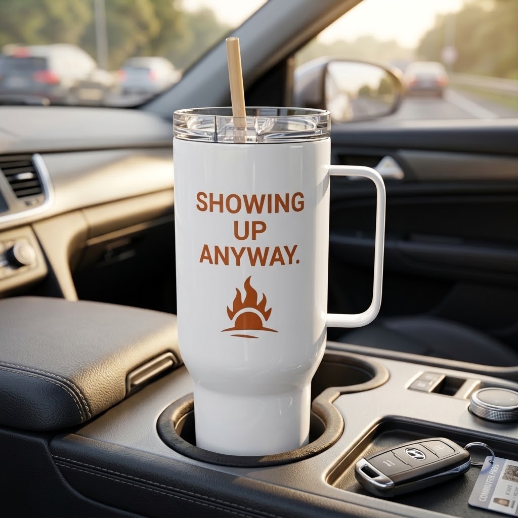 A white insulated tumbler with a handle and clear lid sits in a car cup holder. The tumbler has orange text reading “SHOWING UP ANYWAY.