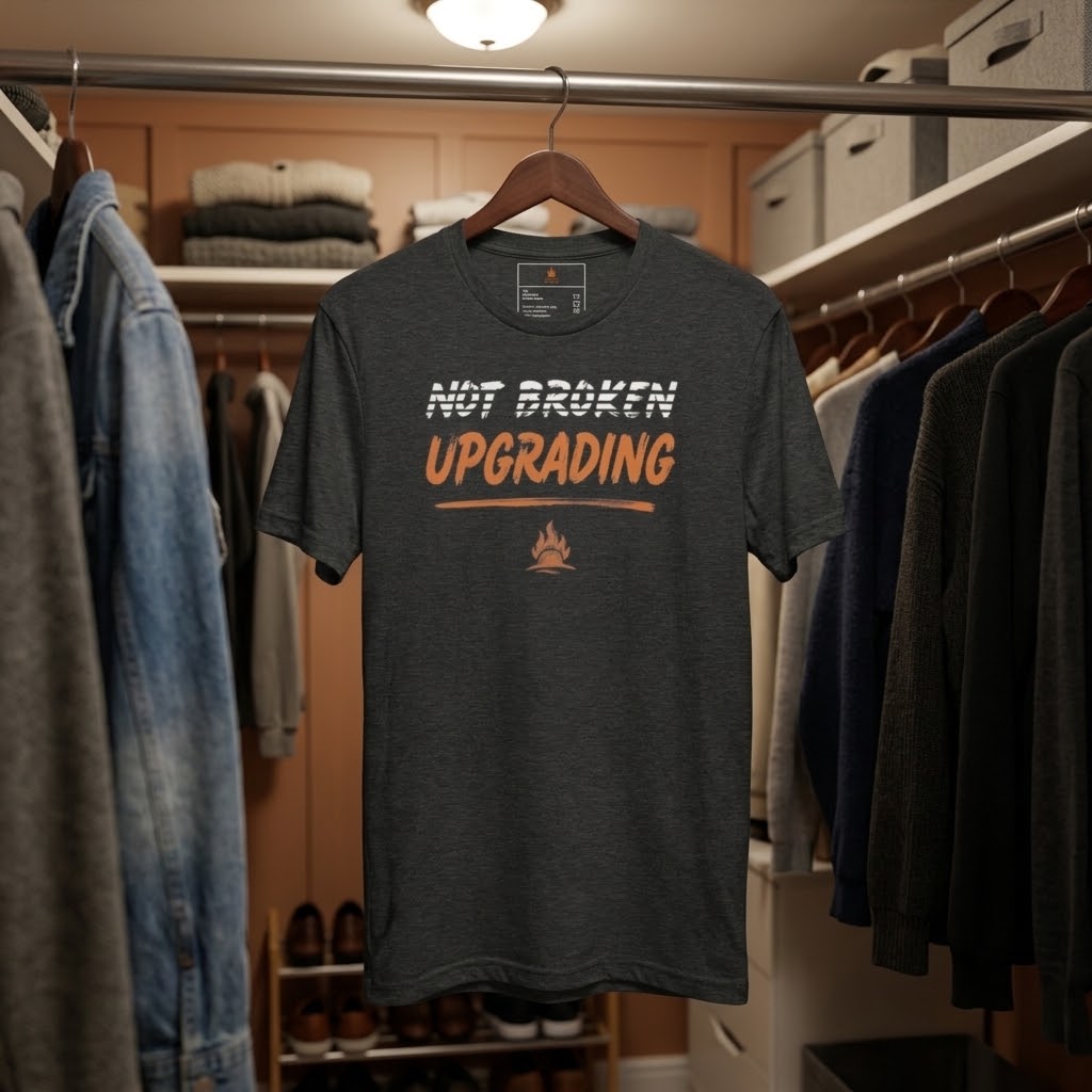 A dark heather gray graphic t-shirt hanging on a wooden hanger in a closet. The shirt features the text 'NOT BROKEN UPGRADING' in white and orange lettering with a small orange flame graphic below.