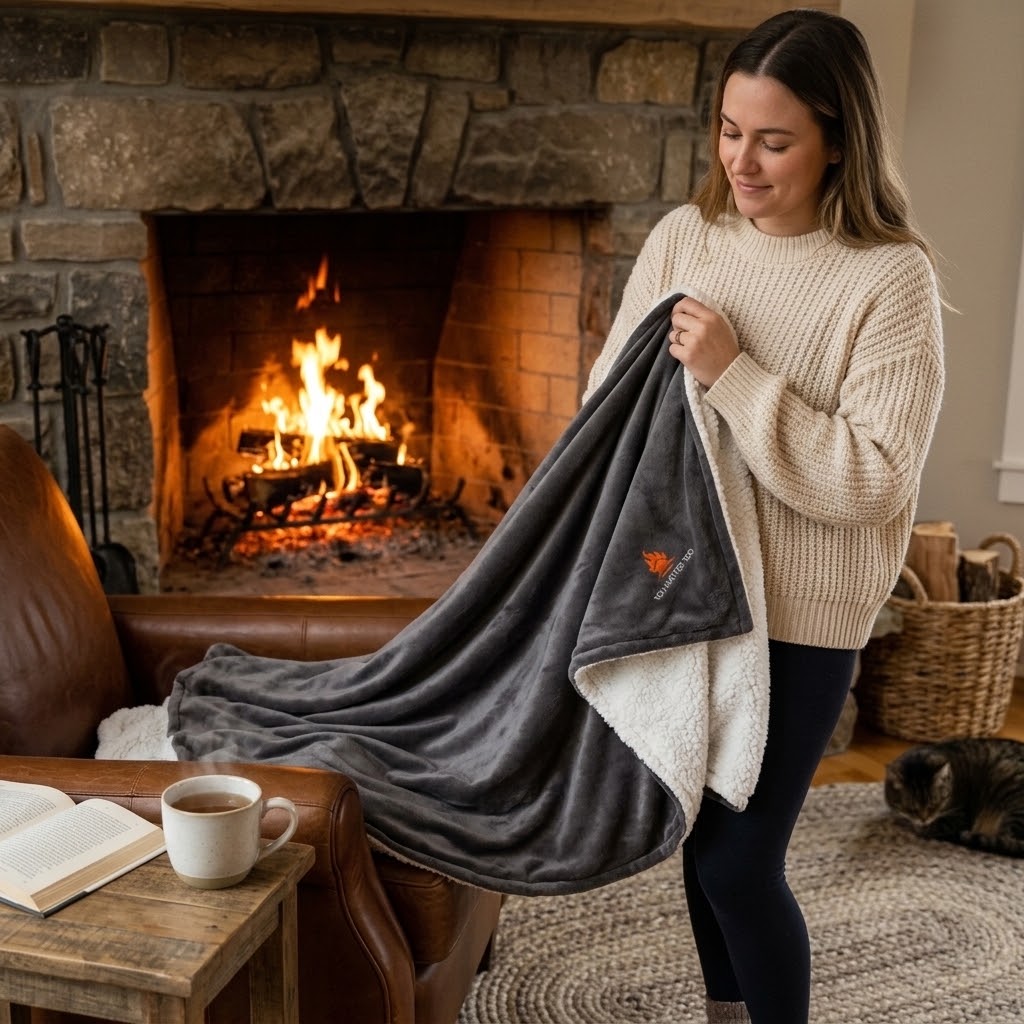 A woman in a cozy living room holds up a dark gray fleece blanket with a white sherpa lining in front of a burning fireplace. The blanket has a small orange embroidered logo on the corner.