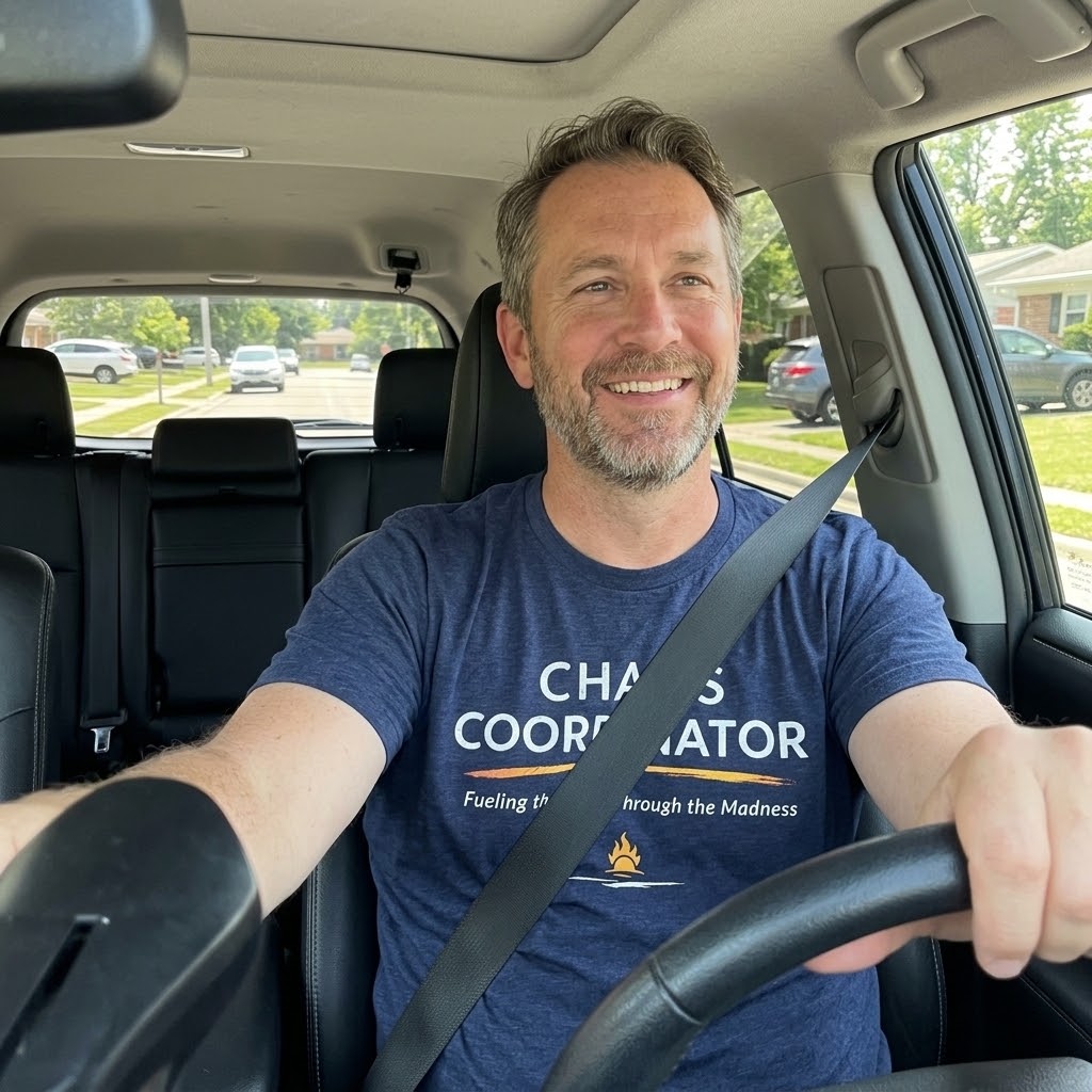 A smiling man with short brown hair and a beard driving a car, wearing a navy blue t-shirt with the text 'CHAOS COORDINATOR' and 'Fueling the Madness through the Madness' with a small yellow flame logo.