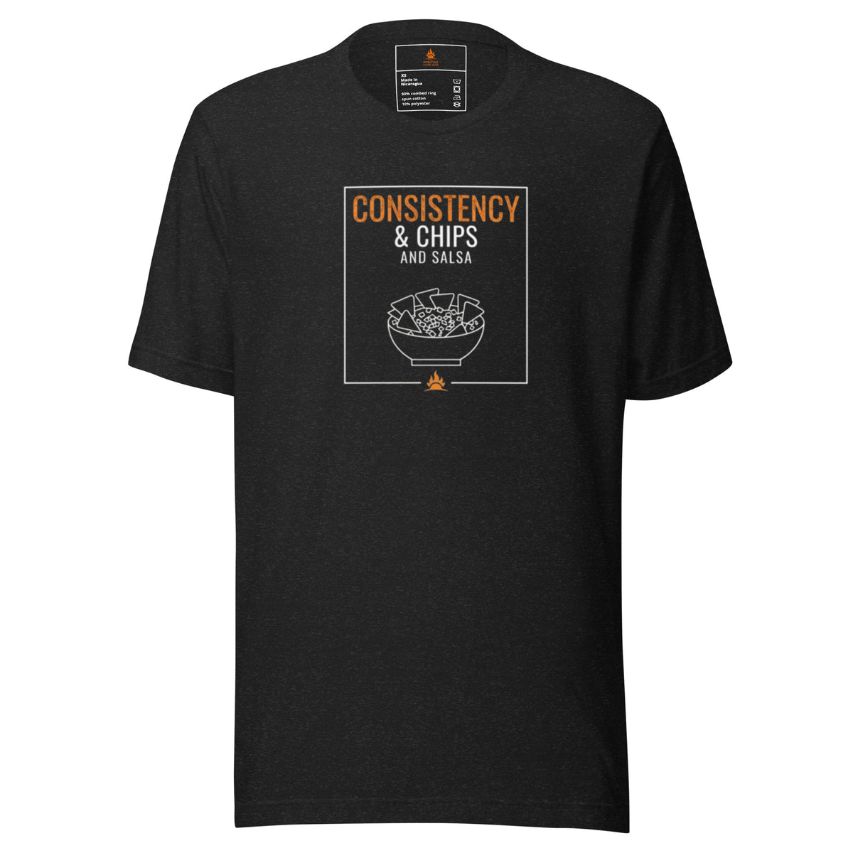 Consistency and Chips and Salsa tee with a bowl of chips and salsa in black heather