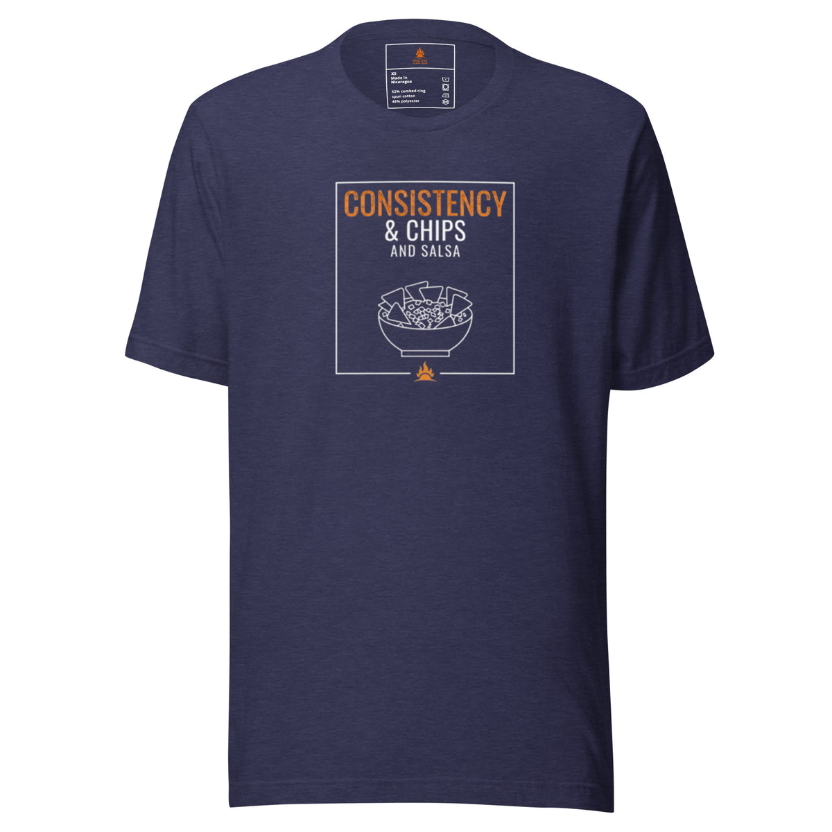 Consistency and Chips and Salsa tee with a bowl of chips and salsa in heather midnight navy