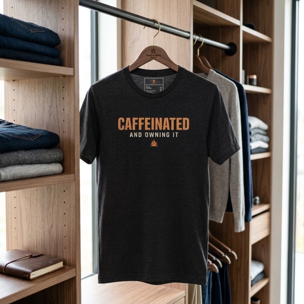 A dark charcoal heather crewneck t-shirt hanging on a wooden hanger in a closet setting. The shirt features the text 'CAFFEINATED AND OWNING IT' in orange, with a small orange campfire graphic underneath.