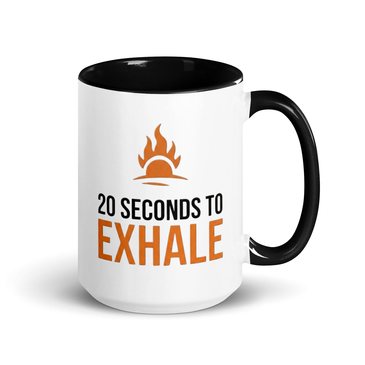15 oz white ceramic mug with black handle and black interior with 20 seconds to exhale in black and orange font and signature flare above text