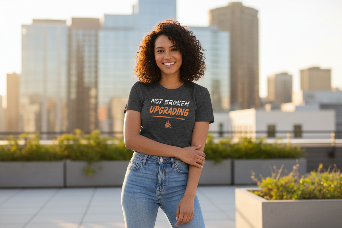 Woman wearing dark grey t-shirt