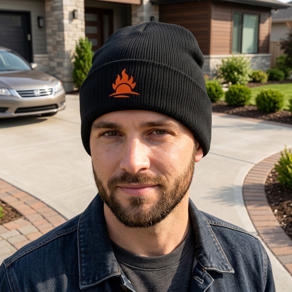 A man wearing a black ribbed knit beanie with an orange flame logo on the front, standing outdoors in front of a house.