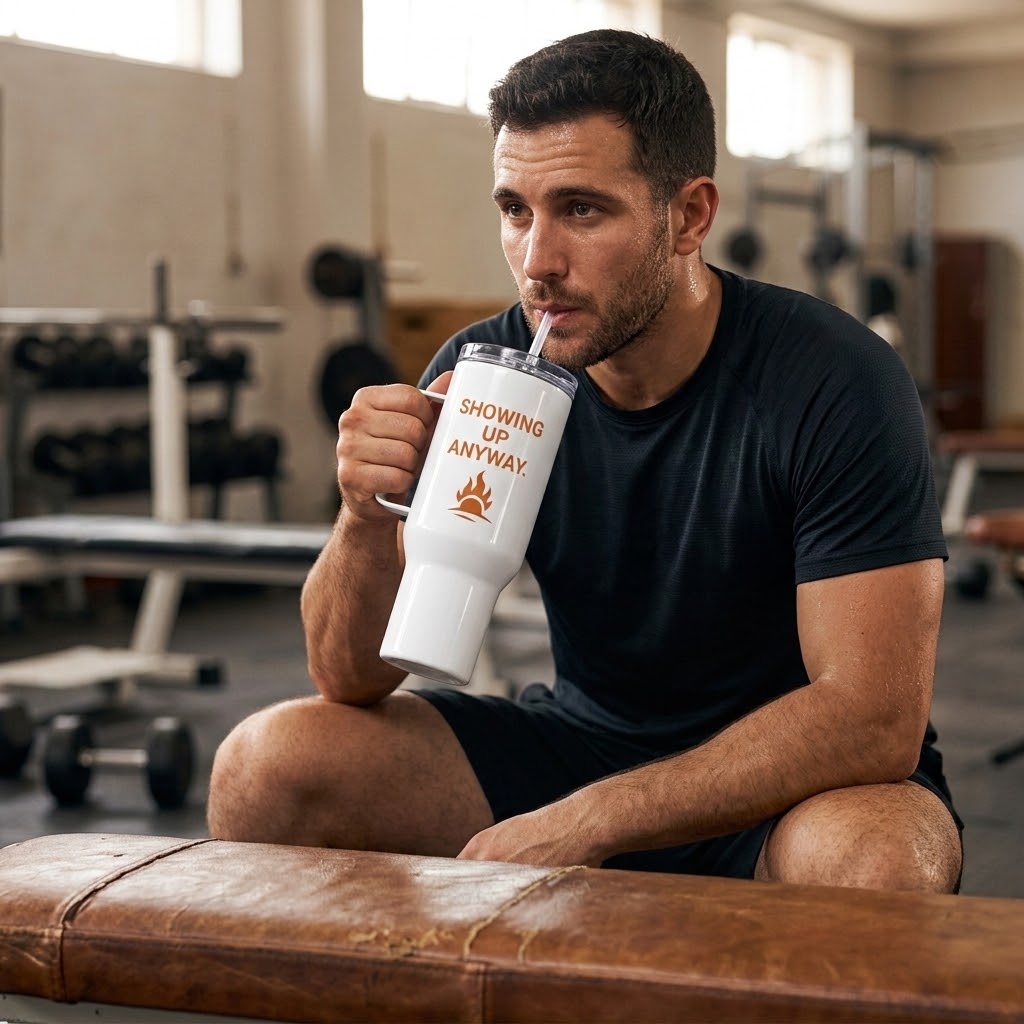 A man in a gym setting drinking from a white insulated tumbler with the text 'SHOWING UP ANYWAY' and a small campfire graphic printed on the side.